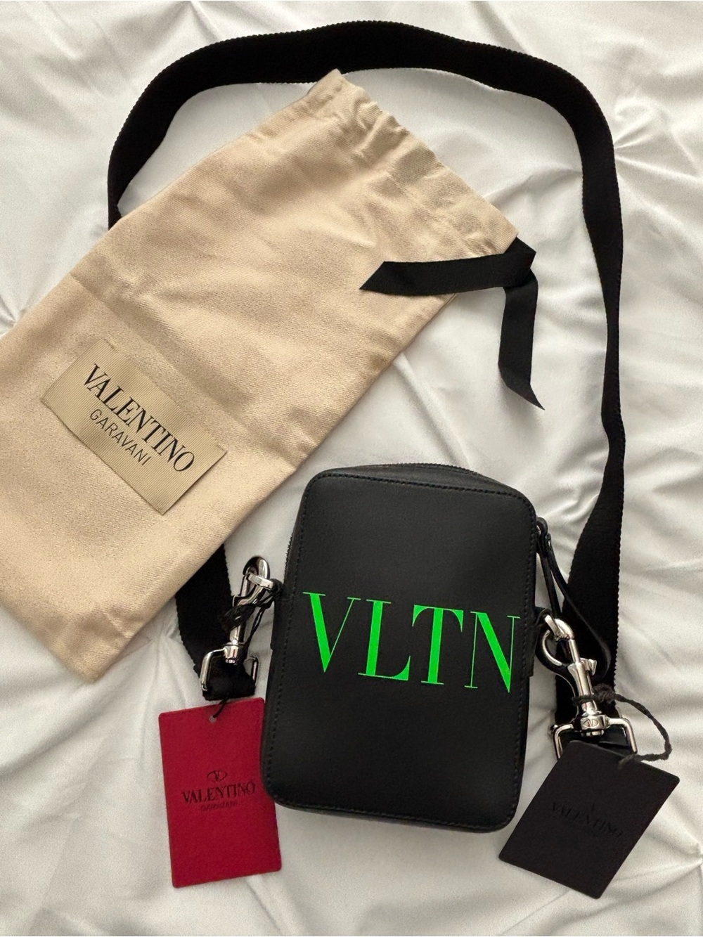 Valentino Garavani Unisex Black Leather Bag with Neon Green VLTN Logo NWT